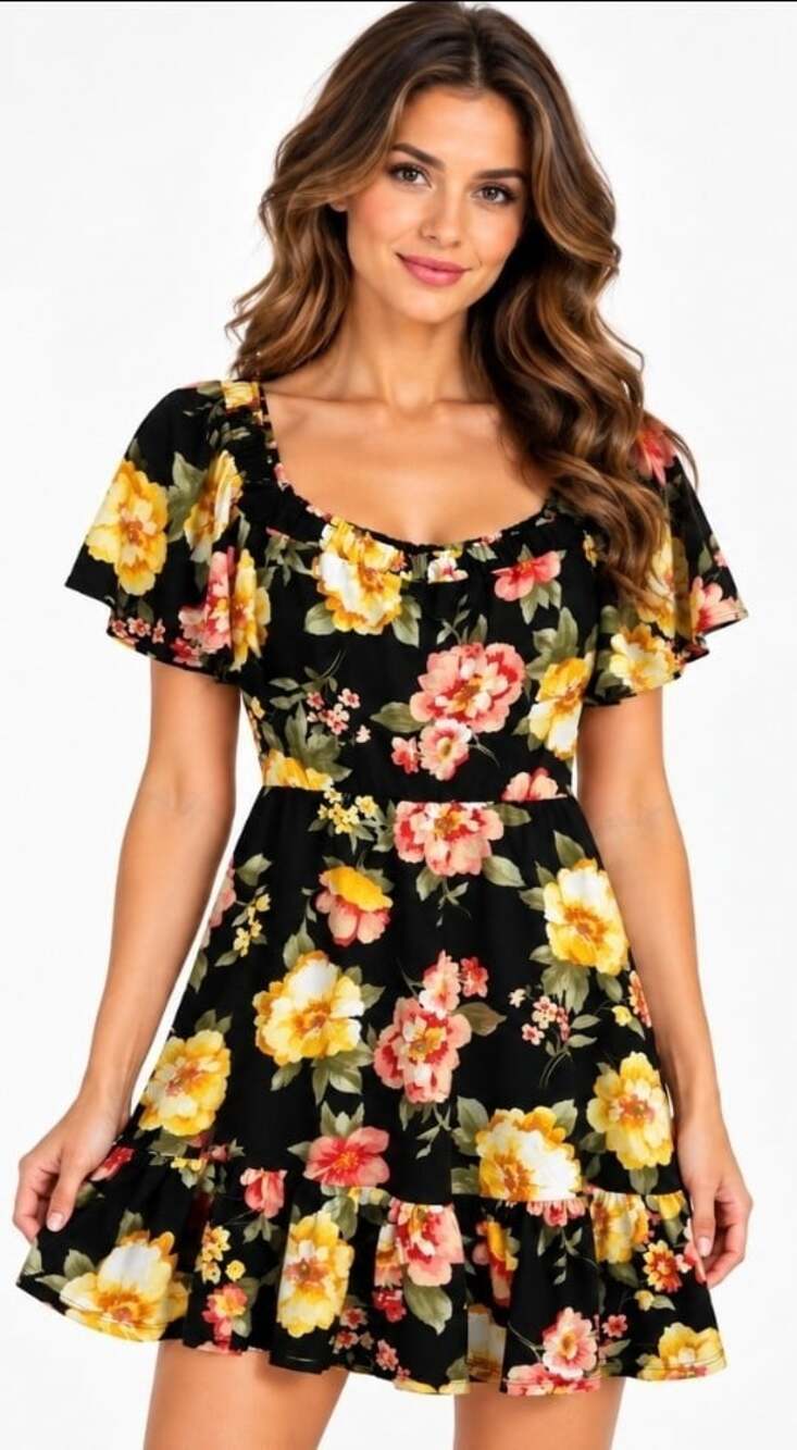 Three 3ENA Women’s Black Dress Floral Flutter Sleeve Ruffle Hem Small Nwt T100